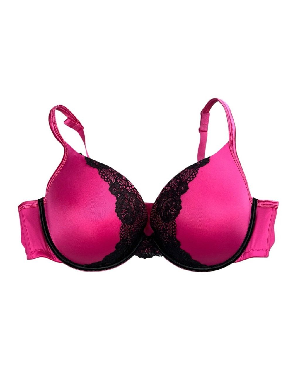 Cacique Boost Plunge Bra 44C Hot Pink Black Lace Push Up Underwire Plus